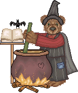 teddy bear witch stirring a cauldron